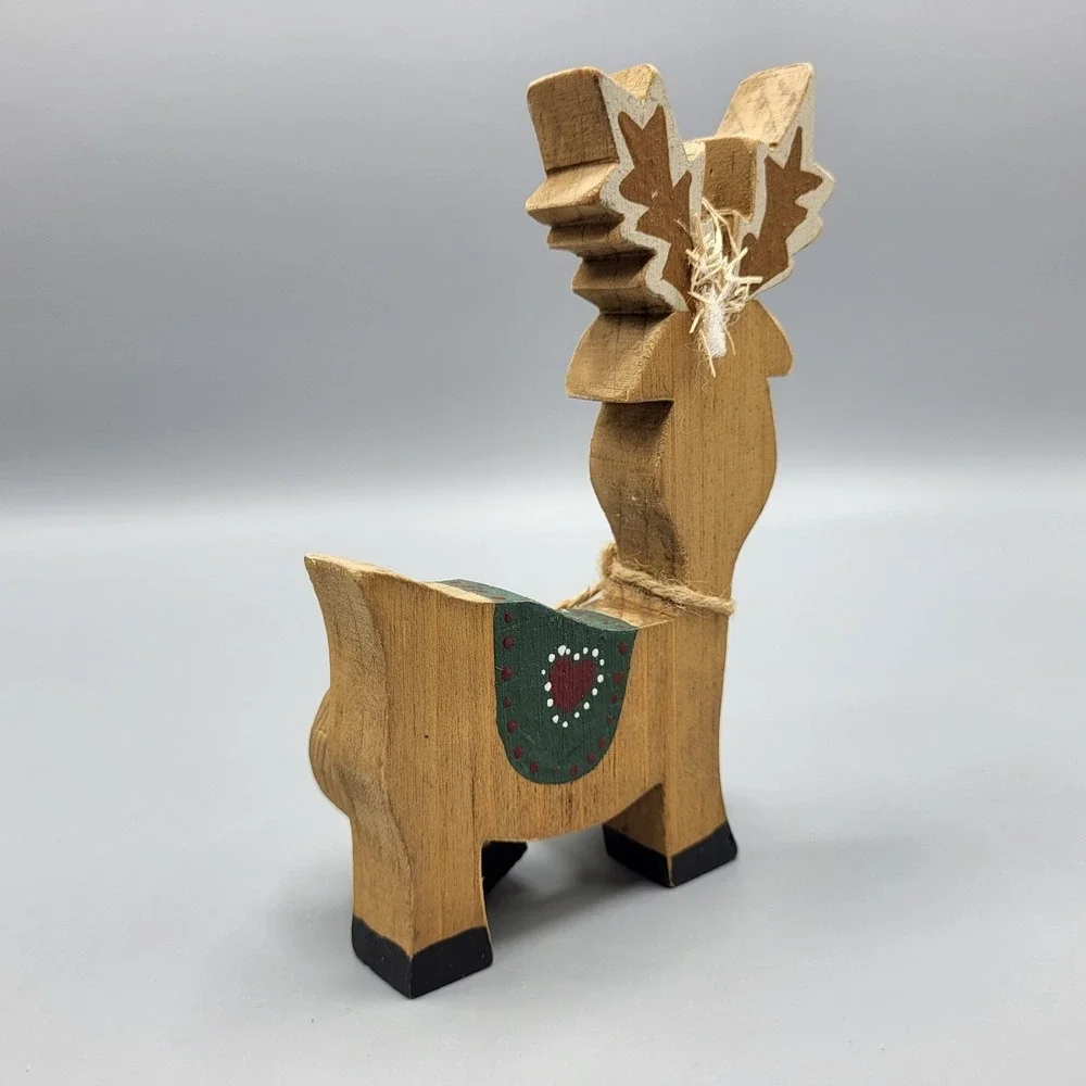 Vintage Wooden Red Nose Reindeer Figurine Holiday Decor Small Rustic Folk Art